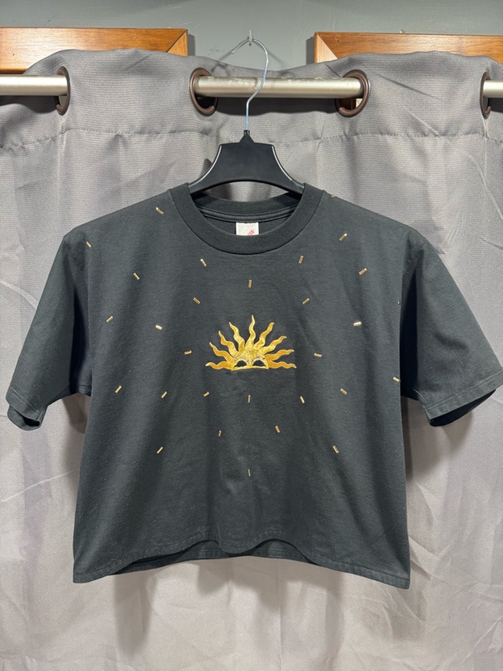 Jerzees Black Cropped Tee with Gold Sun Graphic